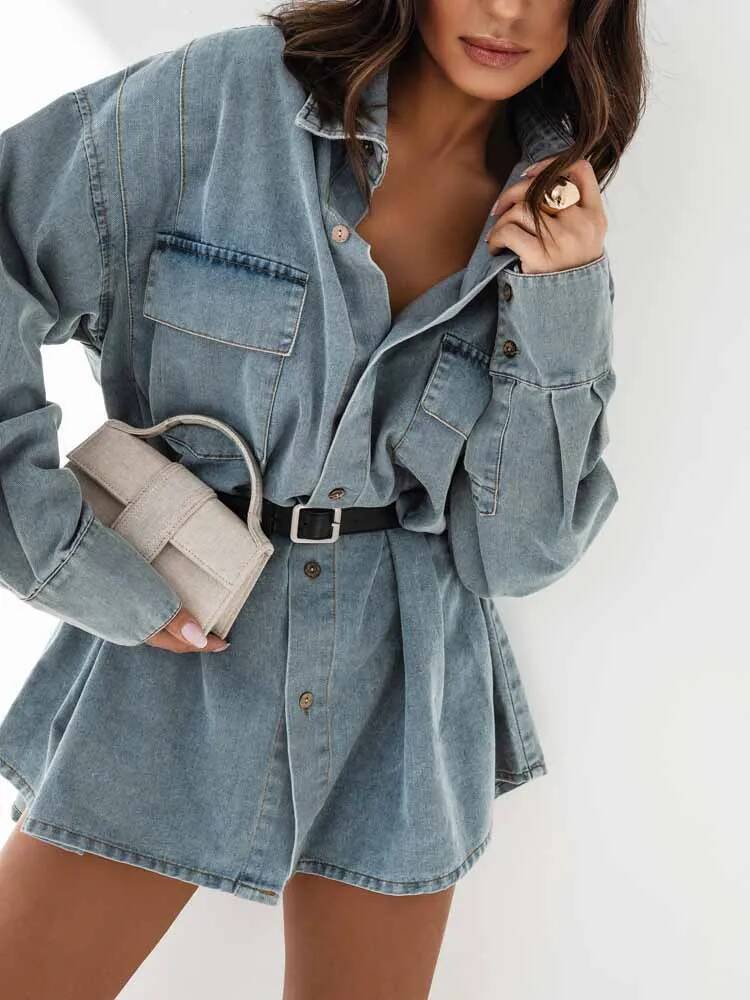 Street Fashion Taiwan - 女性デニムオーバーサイズシャツジャケットヴィンテージルーズブルーポケットシングルブレストミニドレスファッション春 2026 長袖アウター
