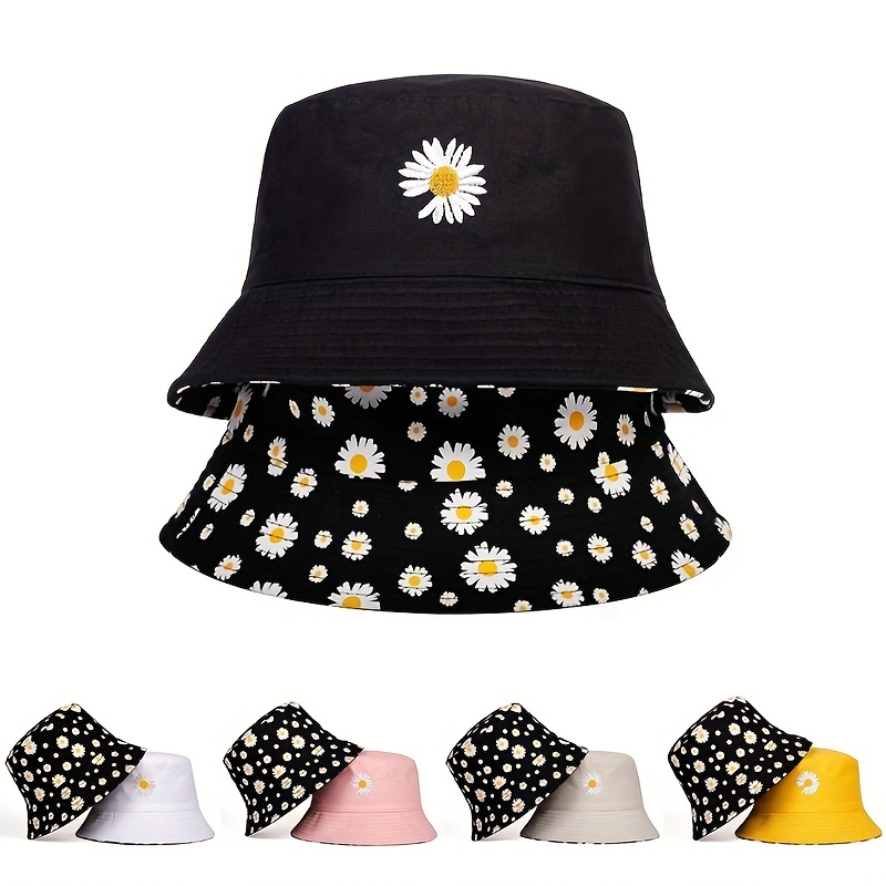 Bucket Hat Embroidered - 女性用デイジー刺embroideryバケットハット、ヒップホップパンダマボブキャップ、折りたたみ式、ビーチ、太陽、フィッシャーマン、太陽、夏、両面