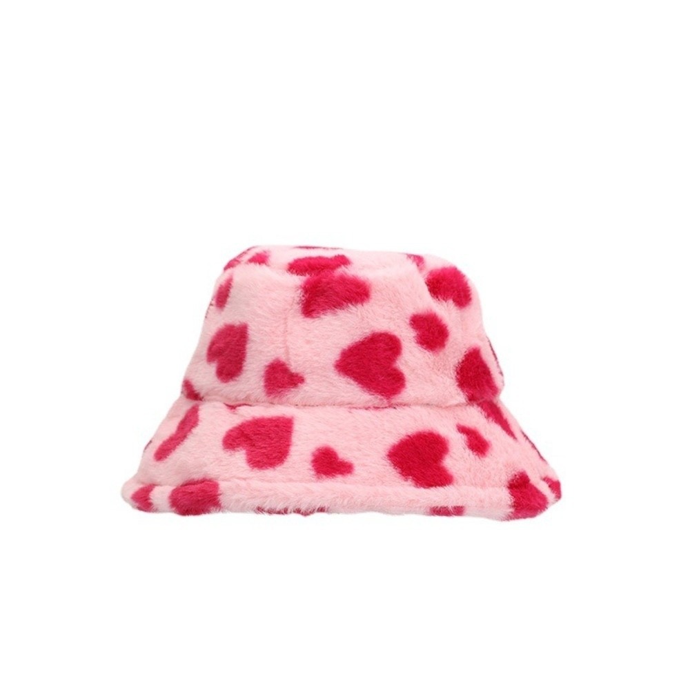 Bucket Hat Embroidered - かわいいフェイクファー漁師帽、厚手ふわふわハート柄バケットハット、暖かいつば広冬帽子、レディース