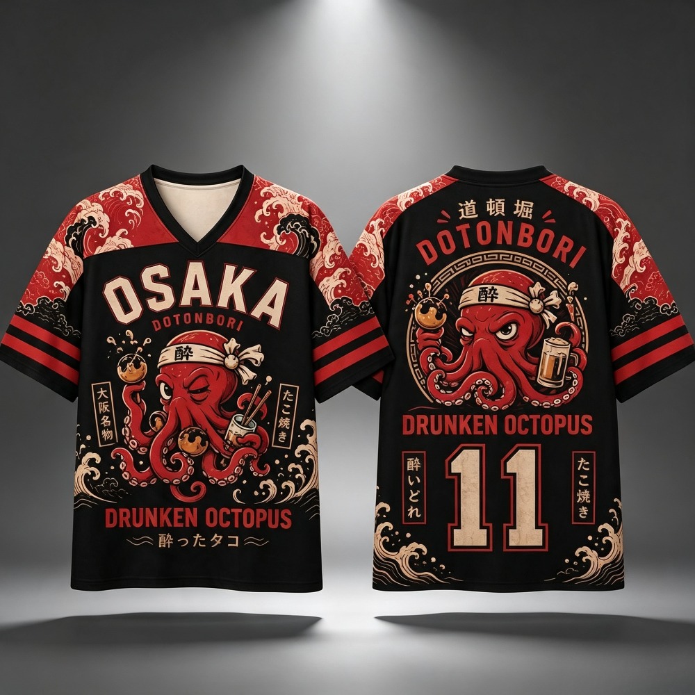 Street Fashion Osaka - 大阪ドランクンオクトパス たこ焼きプリント メンズTシャツ Vネック ストライプスリーブ 通気性