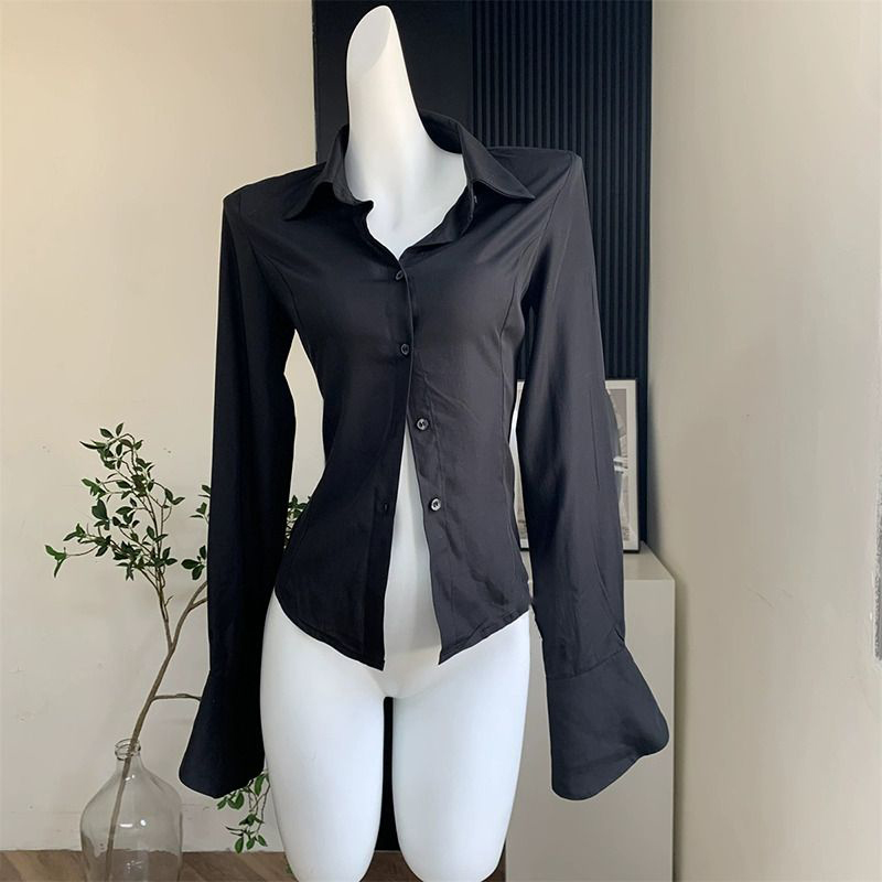 Street Fashion In Korea - Gidyq 女性黒包帯シャツ韓国ファッションすべて一致ストリート女性スリムブラウス春カジュアルデザインベルスリーブシャツ