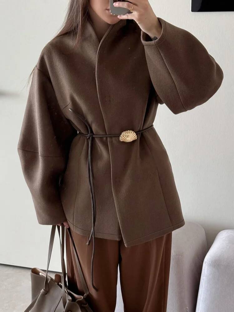 Street Fashion Taiwan - シックな女性の無地ウールコート、エレガントな長袖、ウエストタイ、ゆったりとした服装、ファッショナブルな秋の通勤、デイリーレディースストリートジャケット