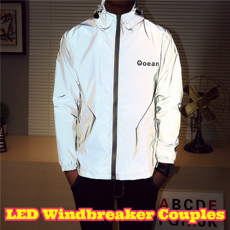 Reflective Jacket Running - LEDライトアップウィンドブレーカー カップルサイクリング反射ジャケット マッチングナイトランニングスポーツウェア 男女兼用 アウトドア安全レインコート
