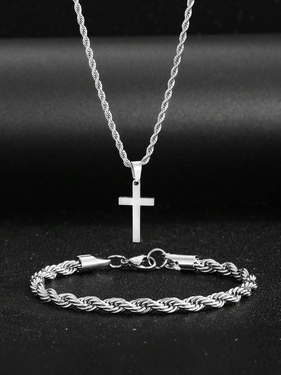 Street Fashion Jewelry - ステンレス製クロスペンダントネックレスとブレスレット1セット、ティーン向けヒップホップジュエリー、ファッショナブルなストリートスタイルアクセサリー、誕生日プレゼント