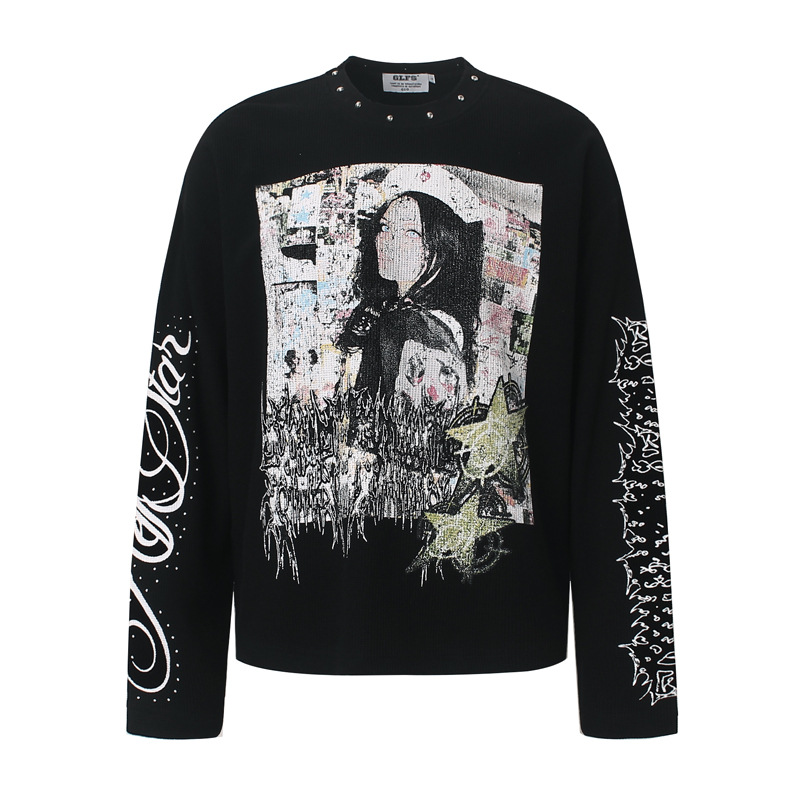 Street Fashion Men - メンズハイストリートグラフィティTシャツ、リベット付き、ファッショナブルなストリートウェア、プリント入り長袖Tシャツ、ヴィンテージレトロルーズフィット、ヒップホップトップス