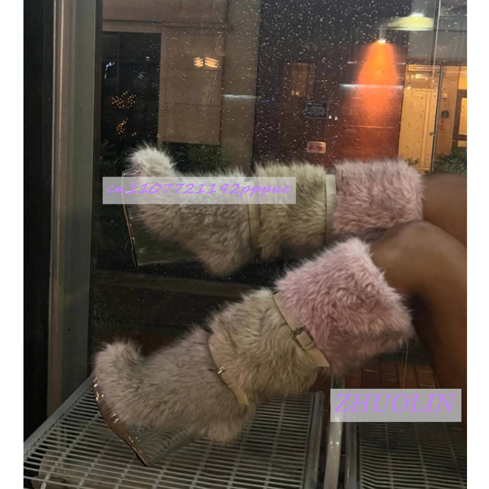 Street Fashion Trends - 冬のグラデーション毛皮のような透明ウェッジブーツ女性の甘いベルトバックルスノーブーツファッショントレンドパンクランウェイニーハイブーツ 43