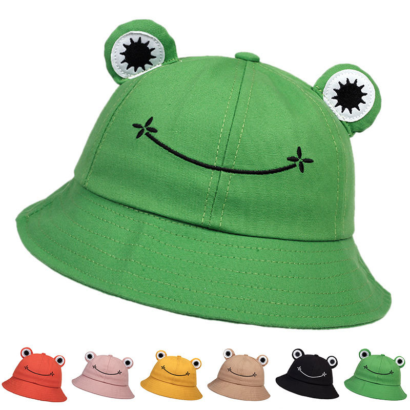 Bucket Hat Embroidered - 1個入り ユニセックス 個性的なカエル型の刺繍入りバケットハット 男女兼用 アウトドアカジュアルキャップ 日焼け止め帽子