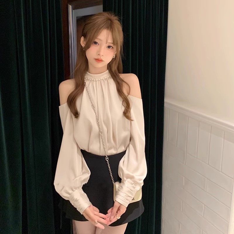 Street Fashion In Korea - 春甘いブラウス女性のための O ネック長袖オフショルダートップス気質ファッション女性シャツ韓国レディース服