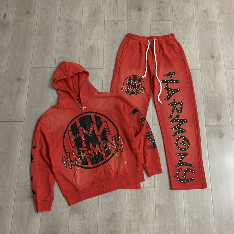 Street Fashion Men - ファッションストリートファッションブランドHARMONYのフーディーとパンツのセット、ホットスタンピング加工、高品質ジッパーカーディガン、カジュアルなハーモニーセット