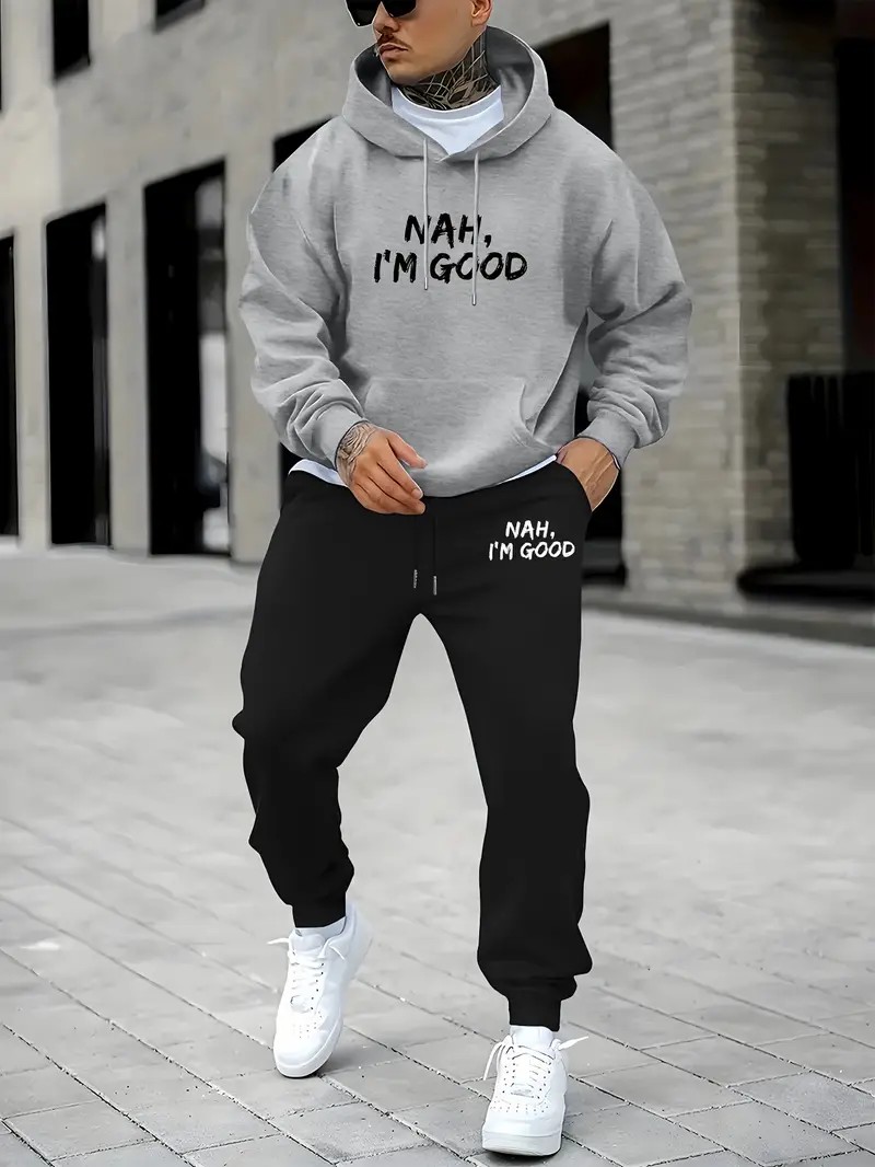 Street Fashion Men - 2026秋冬新作 ストリートカジュアルファッション 快適なソフト素材 3Dレターパターンプリント メンズフード付きスウェットセット
