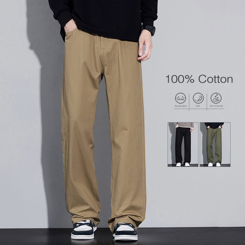 Street Fashion In Korea - 綿 100% メンズゆったりワイドレッグパンツソフト通気性ルーズストレートカジュアルパンツ春秋ファッション韓国ストリートウェア