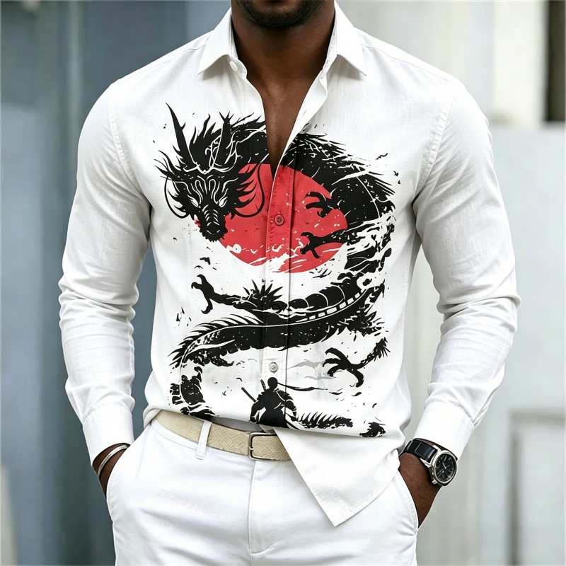 Street Fashion Men - 2026年新作 メンズシャツ 白黒赤のコントラスト ドラゴン柄シャツ ストリートスタイル ファッション