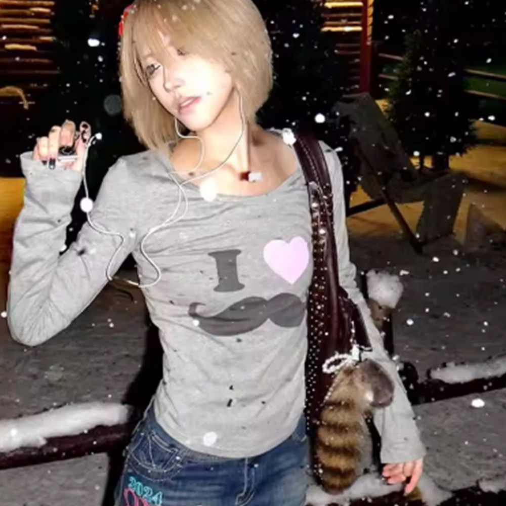Street Fashion In Korea - 日本 Y2K ビアードプリント Tシャツ ヴィンテージ原宿長袖グレー Tシャツ