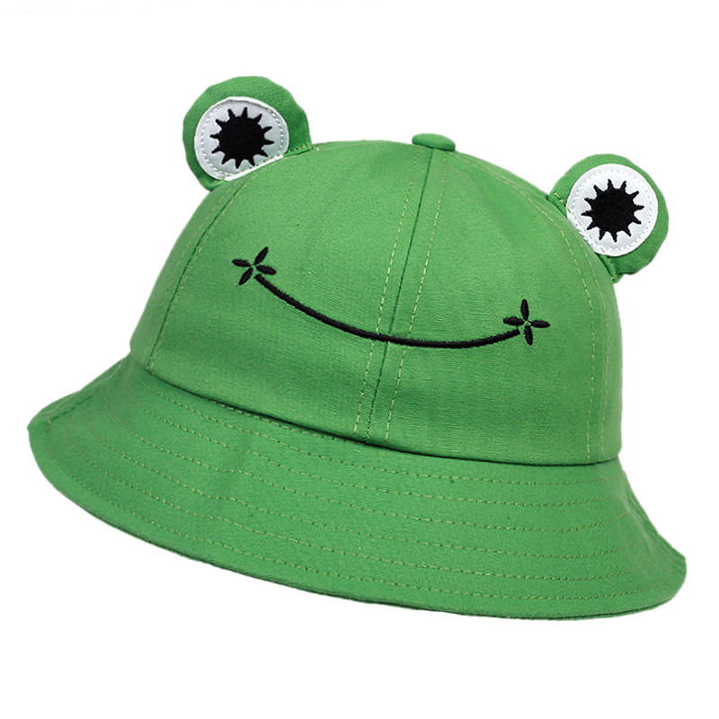 Bucket Hat Embroidered - かわいいカエルバケットハット女性バケットハット女性夏屋外太陽釣りキャップ綿ワイルドパナマ帽子 1PC