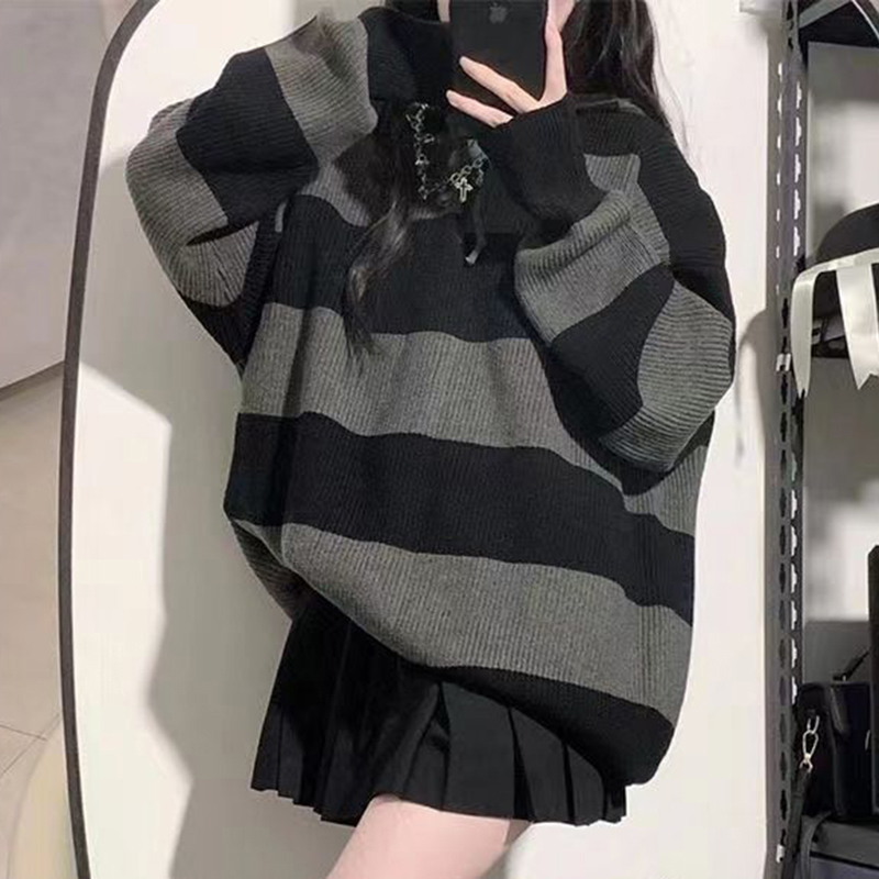 Street Fashion In Korea - 女性用の特大ストライプニットセーター,ルーズフィット,カジュアル,ストリートウェア,原宿,韓国のファッション,冬