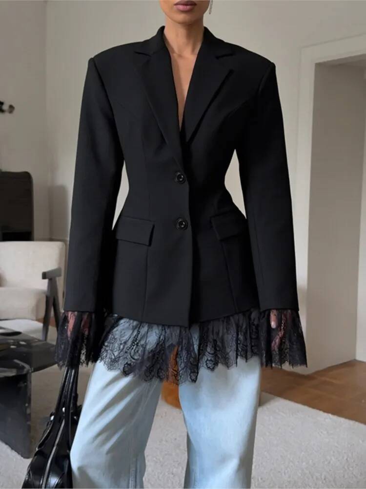 Street Fashion Taiwan - エレガントなレースブレザーコート レディースファッション オフィスレディー 長袖 シングルブレストジャケット 2025年新作