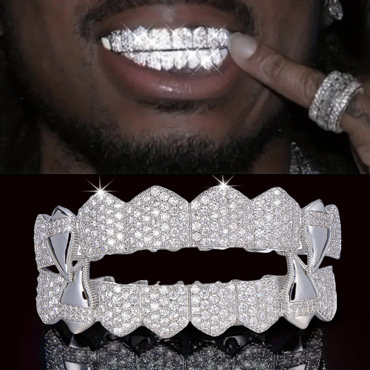 Street Fashion Jewelry - レイチェルズ ミックス8/8 トップボトム アイスアウトCZストーン歯グリル ヒップホップ シャイニー