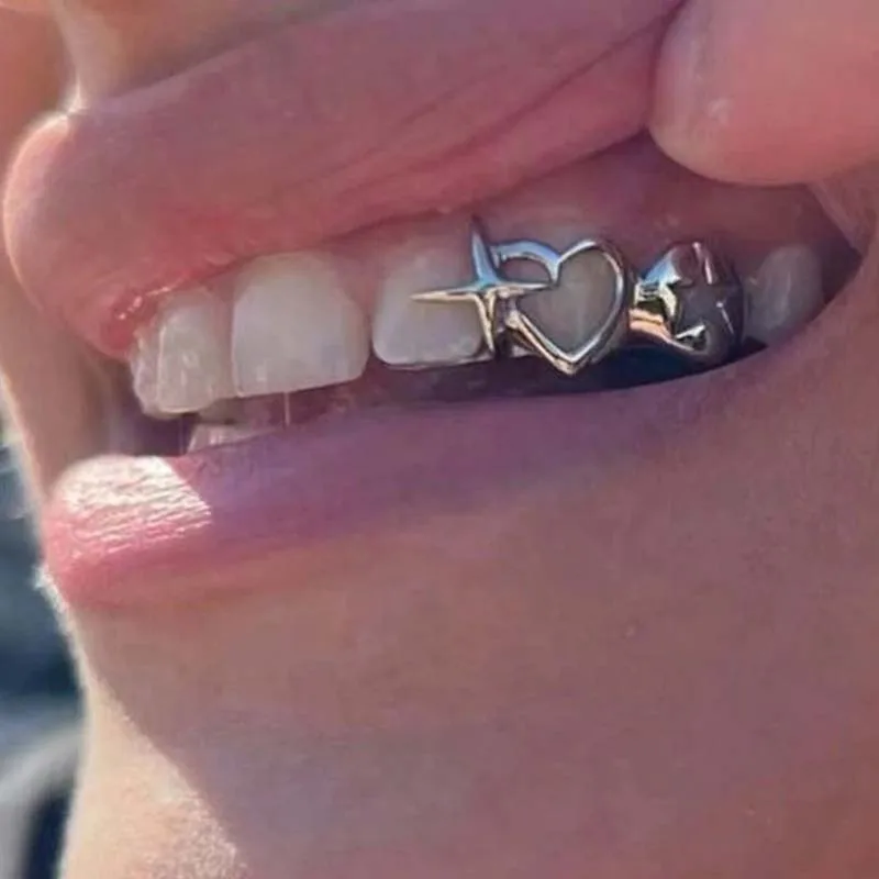 Street Fashion Jewelry - パンクヒップホップ ホローハート歯キャップ 女性男性用 ヴィンテージシルバーカラー ダブルラブスター歯グリル カップルジュエリーアクセサリー