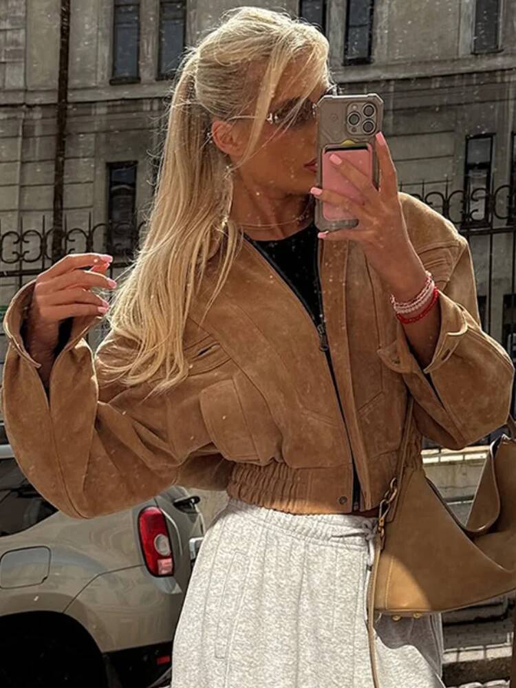 Street Fashion Taiwan - ファッションショートブラウンスエードジャケット女性シックなラペル長袖ポケットジッパークロップドコート秋の女性ハイストリート通勤アウター