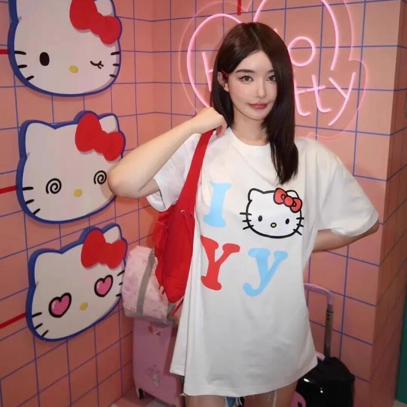 Street Fashion Us - 半袖サンリオ夏用純綿ユニセックスTシャツハローキティトレンディな漫画プリントルーズカジュアル多用途ストリートファッション