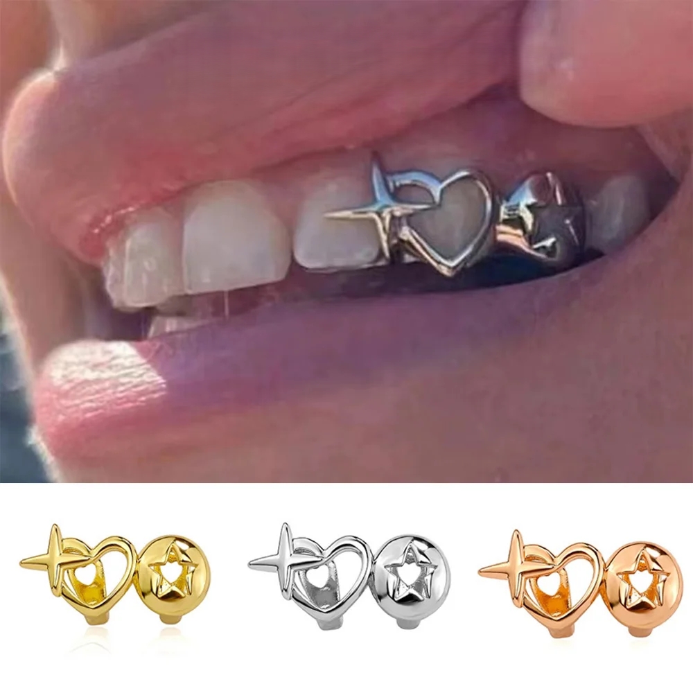 Street Fashion Jewelry - パンクヒップホップ ホローハート歯キャップ 女性男性用 ヴィンテージシルバーカラー ダブルラブスター歯グリル カップルジュエリーアクセサリー