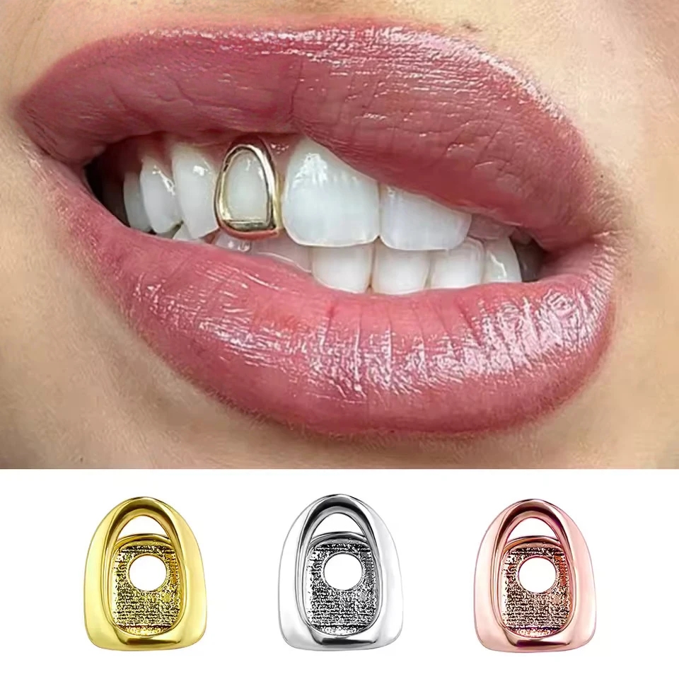 Street Fashion Jewelry - ゴールドカラーのメタルヒップホップラッパーシングルシャックルティースグリルズキャップ、上下の歯列矯正器具、中空の個性的な歯のジュエリー