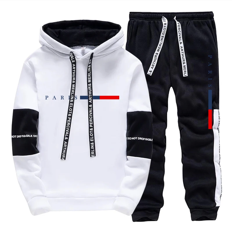 Street Fashion Men - メンズセット/パーカー/パンツ パリファッション 秋冬 カジュアル スポーツ フード付きプルオーバー＆スウェットパンツ