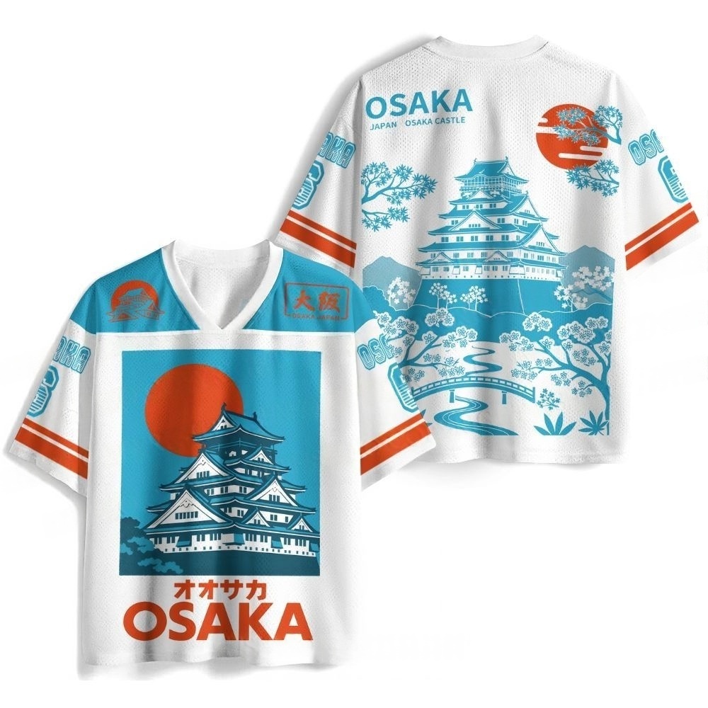 Street Fashion Osaka - 子供と大人、アメリカンレトロな日本の旅行雰囲気、大阪城+桜の3Dプリント半袖ストリートファッション