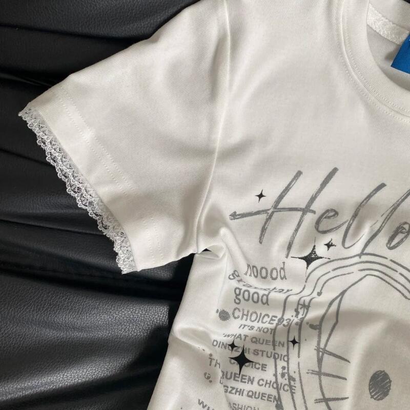 夏の女性の新しいスイートクールレトロハローキティレース半袖T - Street Fashion Us のレビューと価格