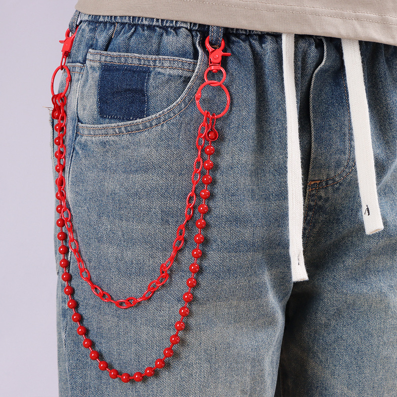鮮やかな赤色のビーズ付き多層パンツチェーン、原宿パンクウエス - Street Fashion Jewelry のレビューと価格