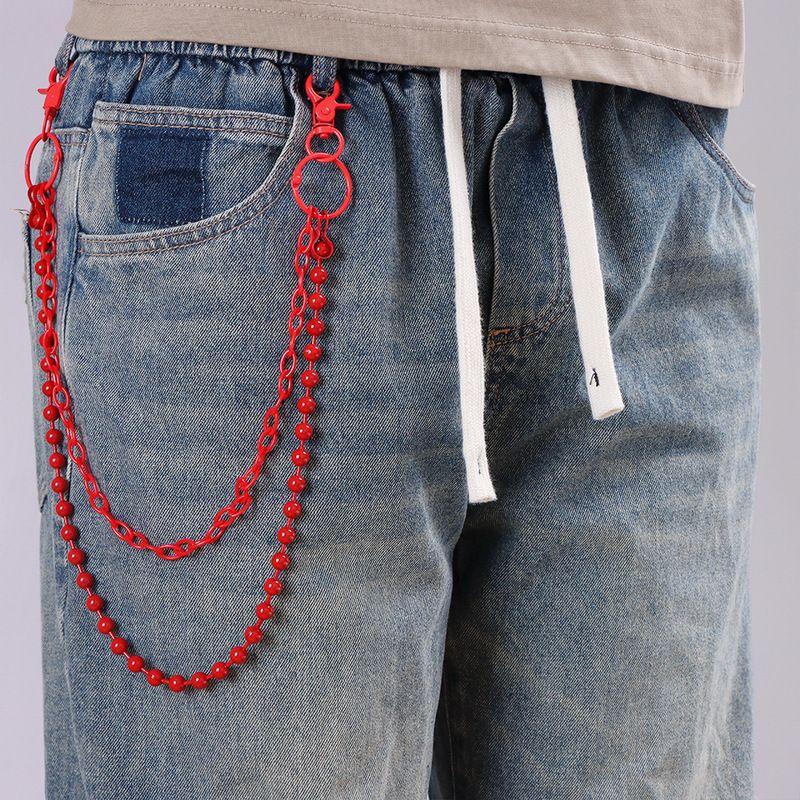 鮮やかな赤色のビーズ付き多層パンツチェーン、原宿パンクウエス - Street Fashion Jewelry のレビューと価格