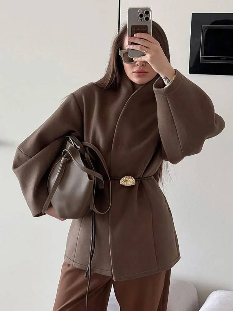 シックな女性の無地ウールコート、エレガントな長袖、ウエストタ - Street Fashion Taiwan のレビューと価格