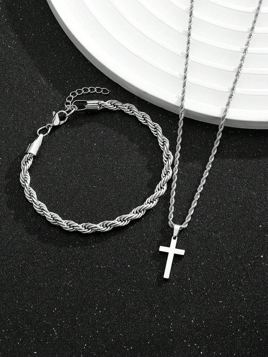 ステンレス製クロスペンダントネックレスとブレスレット1セット - Street Fashion Jewelry のレビューと価格