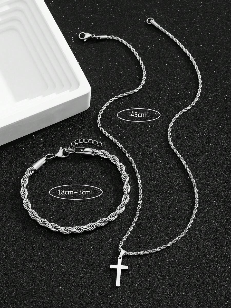 ステンレス製クロスペンダントネックレスとブレスレット1セット - Street Fashion Jewelry のレビューと価格