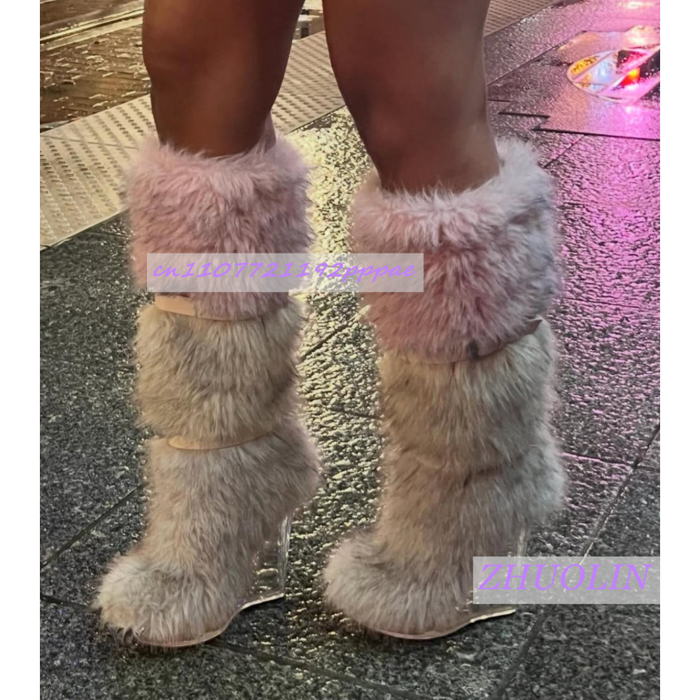 冬のグラデーション毛皮のような透明ウェッジブーツ女性の甘いベ - Street Fashion Trends のレビューと価格