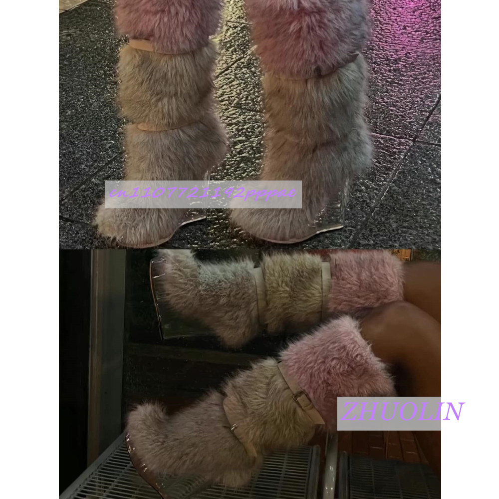 冬のグラデーション毛皮のような透明ウェッジブーツ女性の甘いベ - Street Fashion Trends のレビューと価格