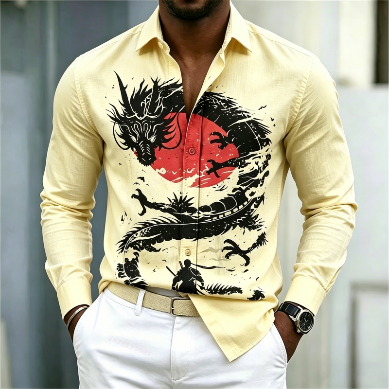2026年新作 メンズシャツ 白黒赤のコントラスト ドラゴン - Street Fashion Men のレビューと価格