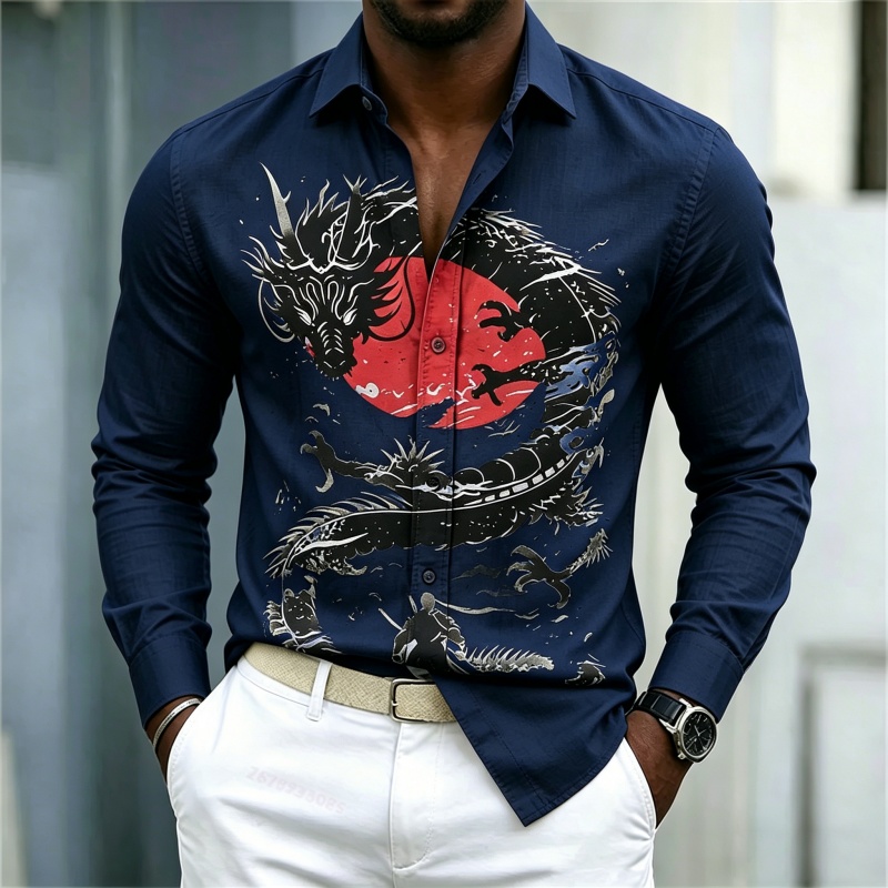 2026年新作 メンズシャツ 白黒赤のコントラスト ドラゴン - Street Fashion Men のレビューと価格