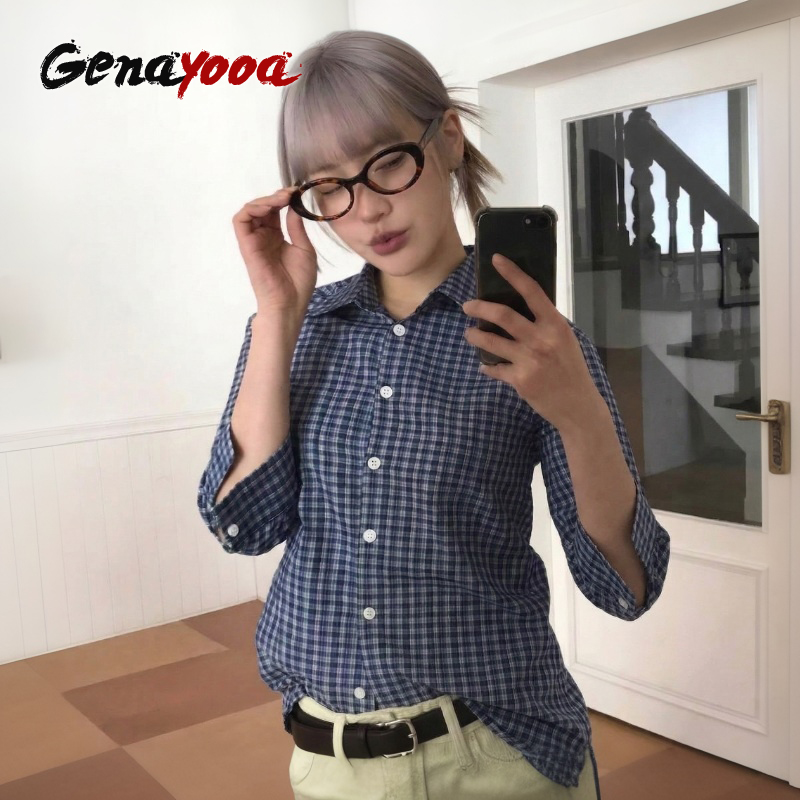 Genayooa Y2k チェック柄シャツ女性スリークォータ - Street Fashion In Korea のレビューと価格