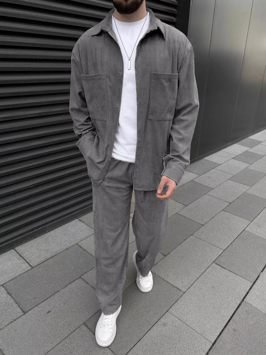 メンズコーデュロイツーピースセット：長袖ボタンダウンシャツと - Street Fashion Men のレビューと価格