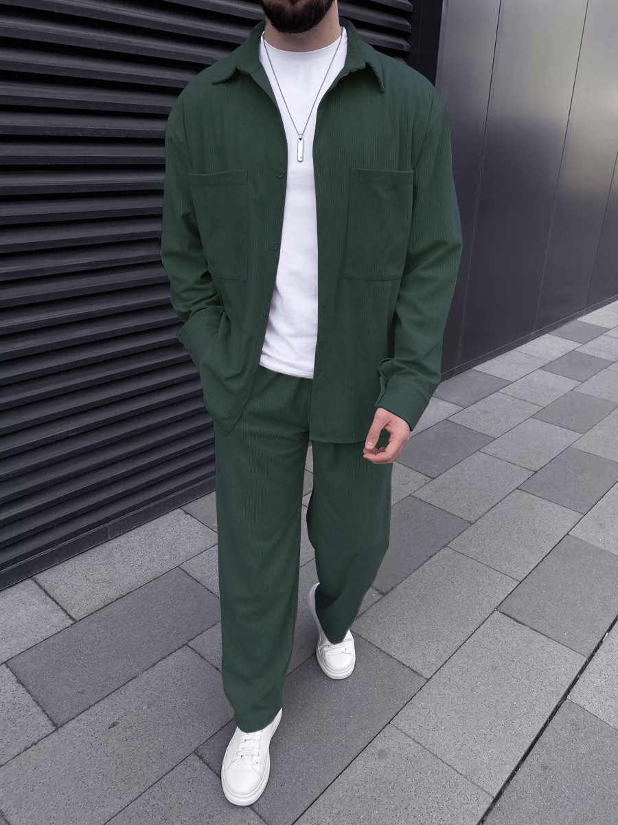 メンズコーデュロイツーピースセット：長袖ボタンダウンシャツと - Street Fashion Men のレビューと価格