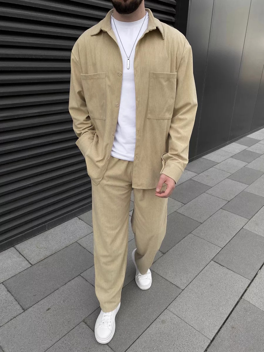 メンズコーデュロイツーピースセット：長袖ボタンダウンシャツと - Street Fashion Men のレビューと価格