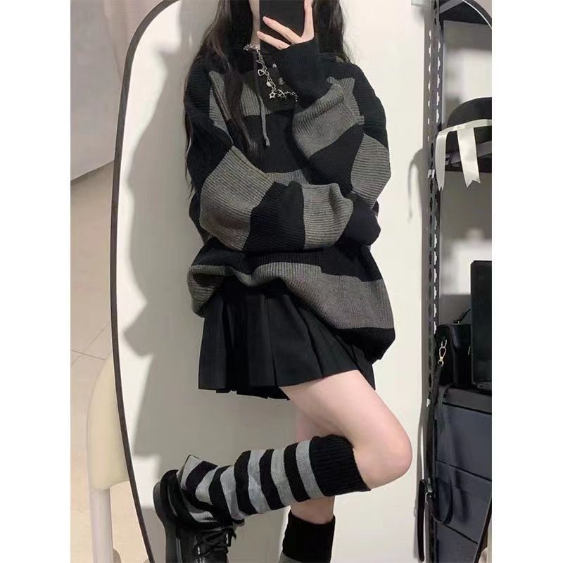 女性用の特大ストライプニットセーター,ルーズフィット,カジュ - Street Fashion In Korea のレビューと価格