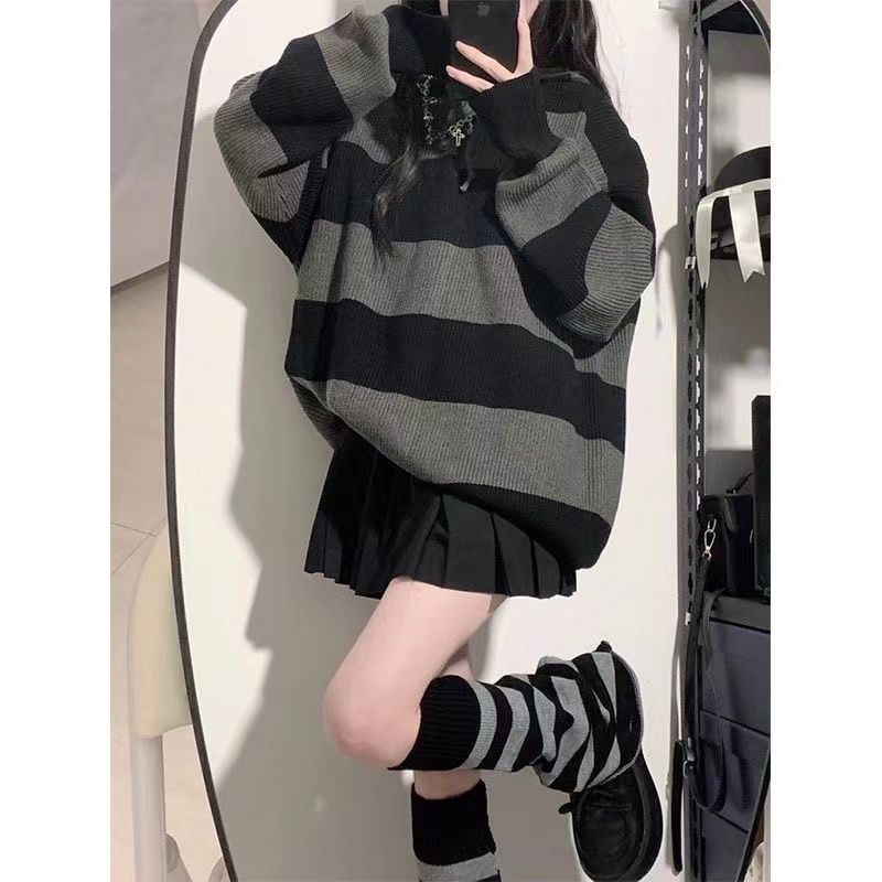 女性用の特大ストライプニットセーター,ルーズフィット,カジュ - Street Fashion In Korea のレビューと価格