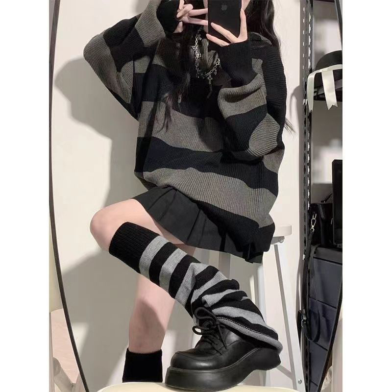 女性用の特大ストライプニットセーター,ルーズフィット,カジュ - Street Fashion In Korea のレビューと価格