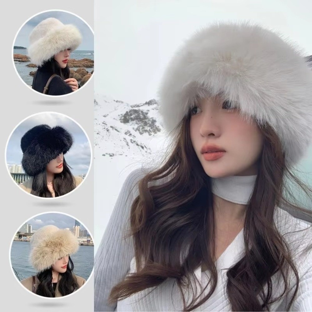 新しいふわふわの毛皮の冬の帽子無地厚みのあるバケットハット防 - Bucket Hat Embroidered のレビューと価格