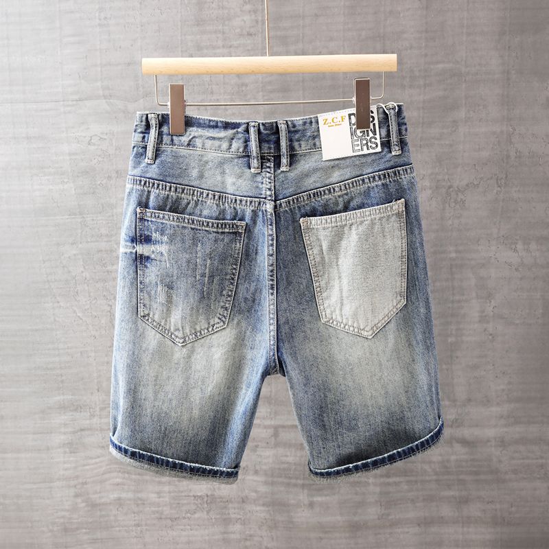 メンズショートジーンズパンツポケット付き洗濯ブルー男性デニム - Street Fashion In Korea のレビューと価格