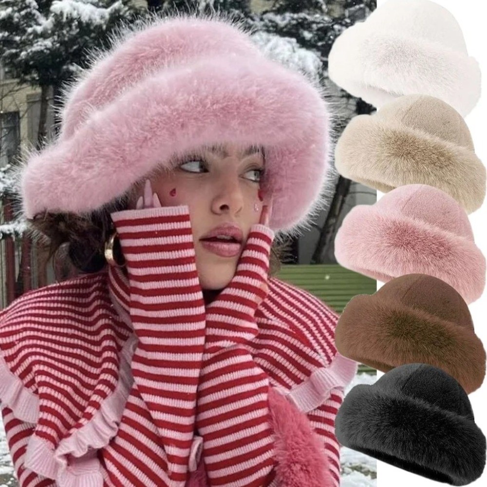 ファッション帽子ふわふわファー冬帽子無地バケットハット厚く防 - Bucket Hat Embroidered のレビューと価格