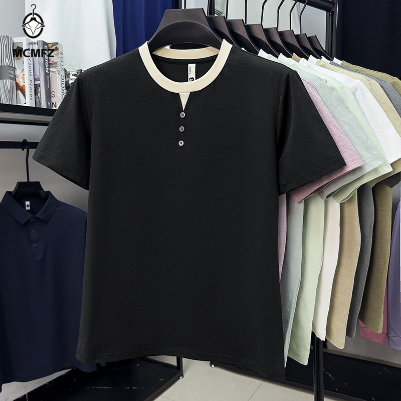 メンズカジュアル半袖ヘンリーTシャツ、ボタン付きコントラスト - Street Fashion Men のレビューと価格
