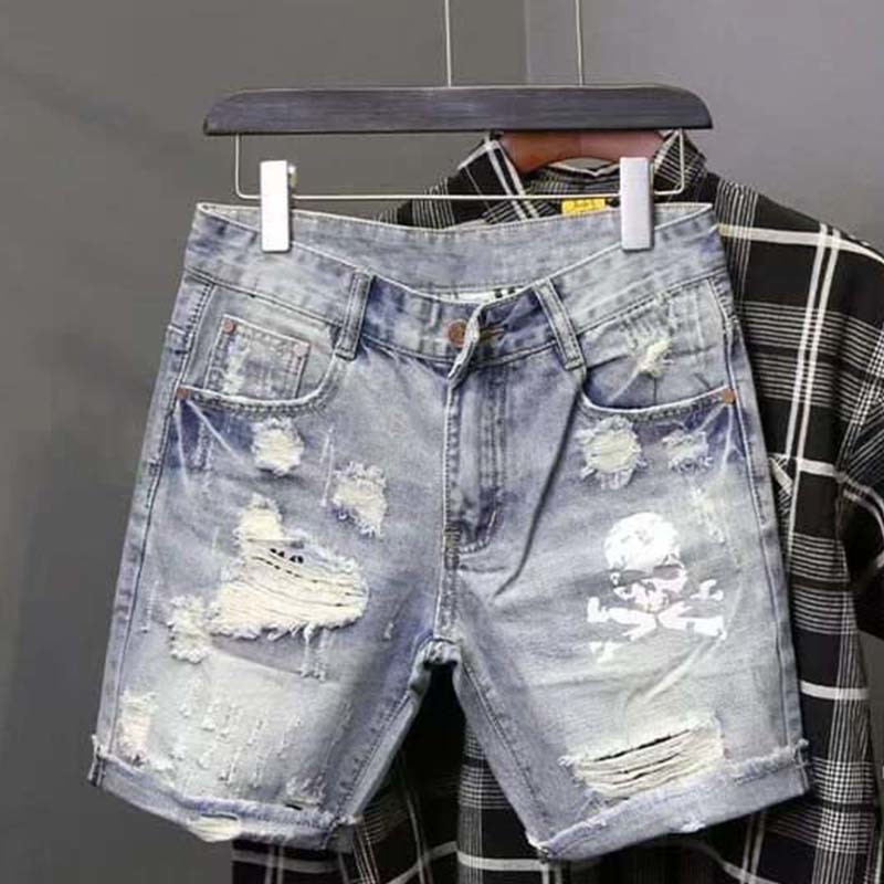 メンズの穴のある伸縮性のあるサマージーンズ,フィットしたファ - Street Fashion In Korea のレビューと価格